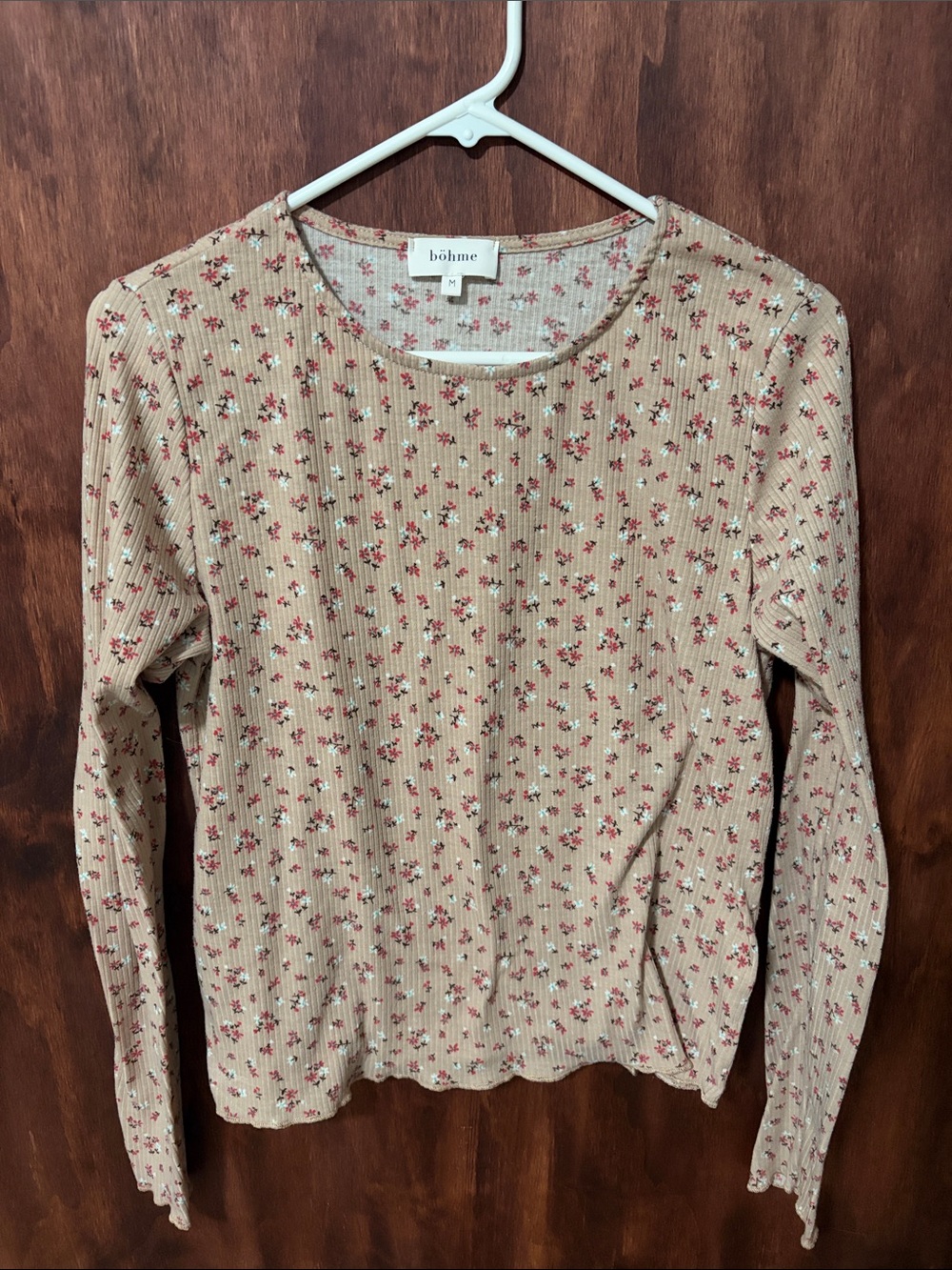 bohme Tan Floral Ribbed Long Sleeve Top